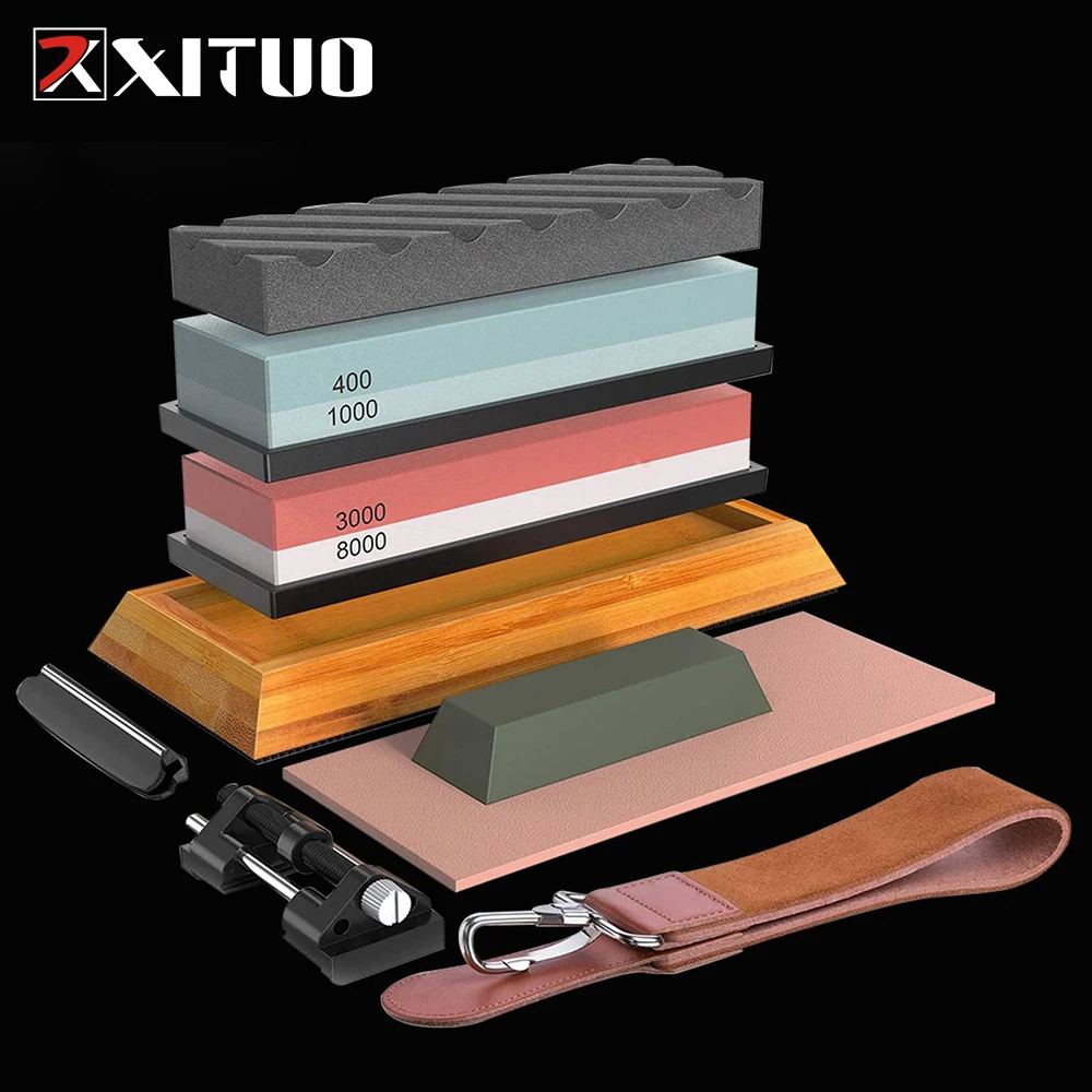 XITUO Kitchen knife sharpening stone 400/1000 3000/8000 Grit oil stone whetstone double-sided whetstone with bamboo base set