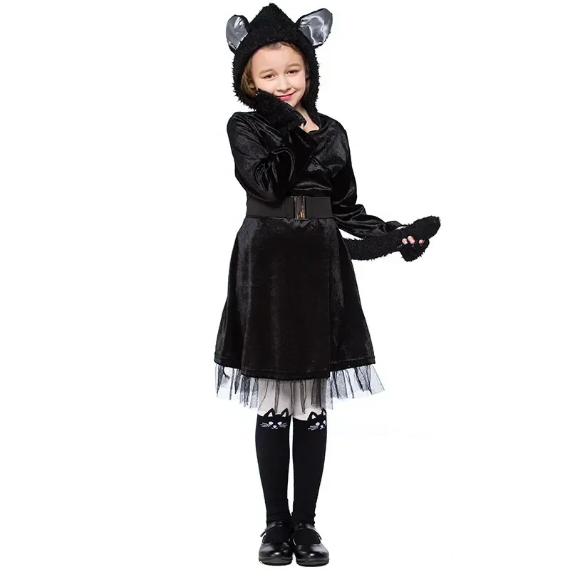 Kids Black Cat Hooded Dress Cosplay For Girls Halloween Masquerade Party Costume