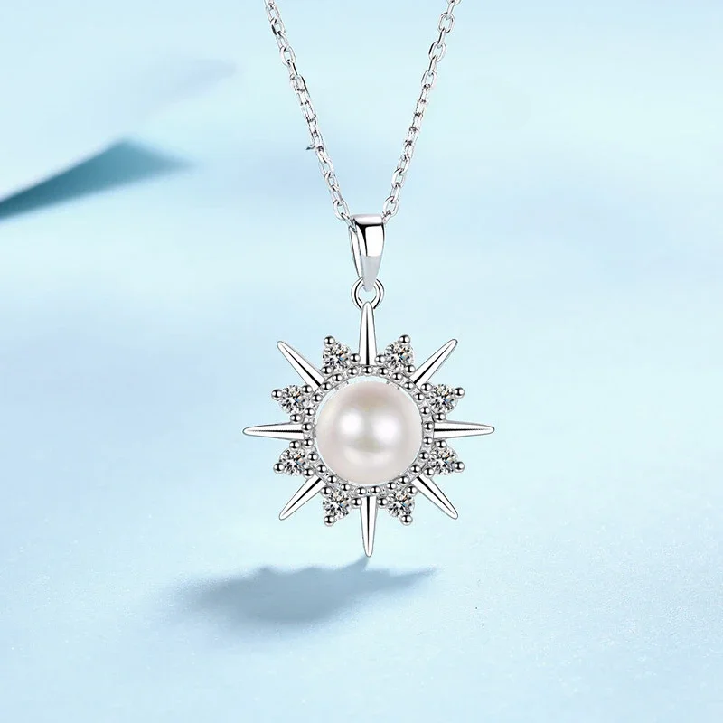 Luxury PT950 Platinum Certified 0.32ct Moissanite Pendant for Women Wedding Sparkling Sunflower Pearl Necklace Collarbone Chain