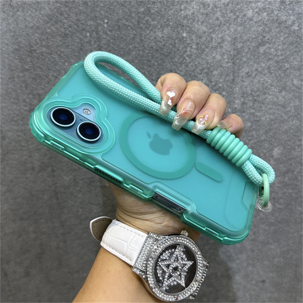 3in1 Armor Matte Translucent Magnetic For Magsafe Lanyard Wrist Strap Case For iPhone 15 11 12 13 14 16 Pro Max Plus Hard Cover