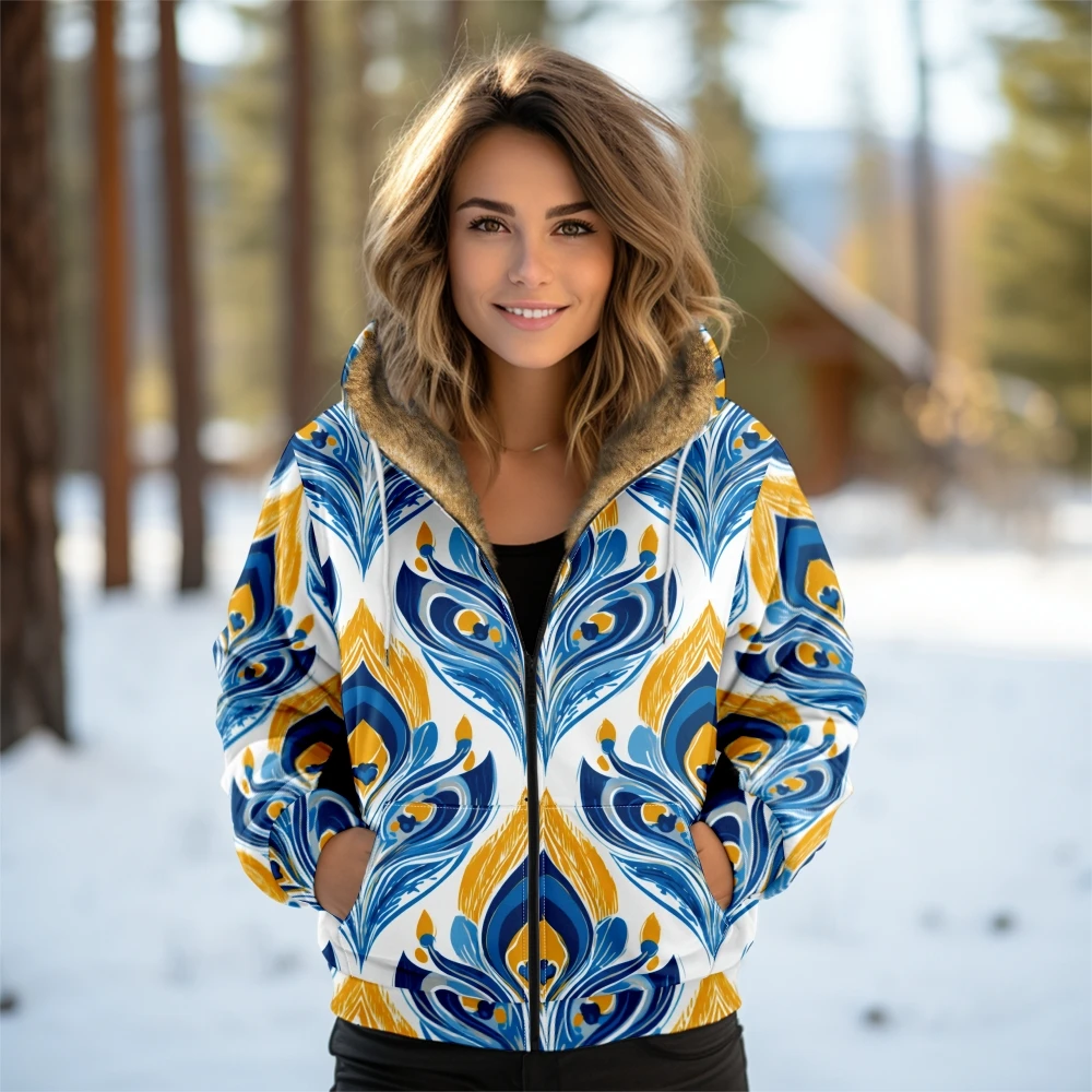 دافئ لينة الصوف مبطن الرمز البريدي سترة المرأة الشتاء هندسية طباعة معطف مقنع محب منقوشة ملابس شتوية للنزهات الغابات الثلجية #3