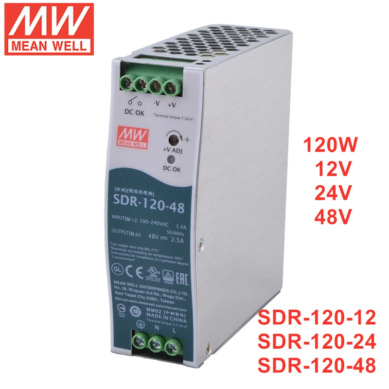 

MEAN WELL SDR-120 Series 120W Single Output Industrial DIN RAIL Power Supply with PFC Function SDR-120-12 SDR-120-24 SDR-120-48