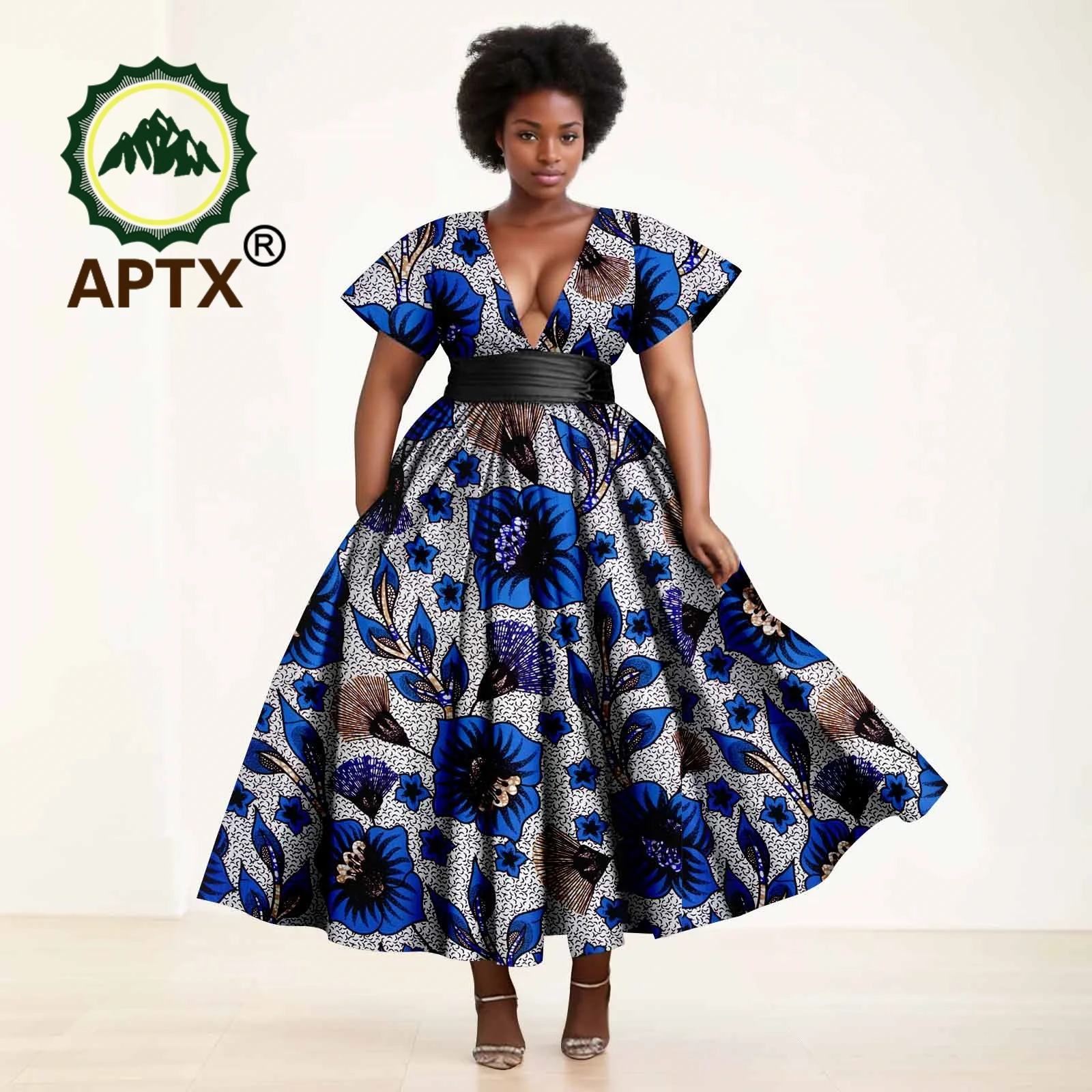 여성용 아프리카 드레스 앙카라 프린트 반팔 V넥, 벨트와 발목 원피스, 캐주얼 파티 웨딩 드레스