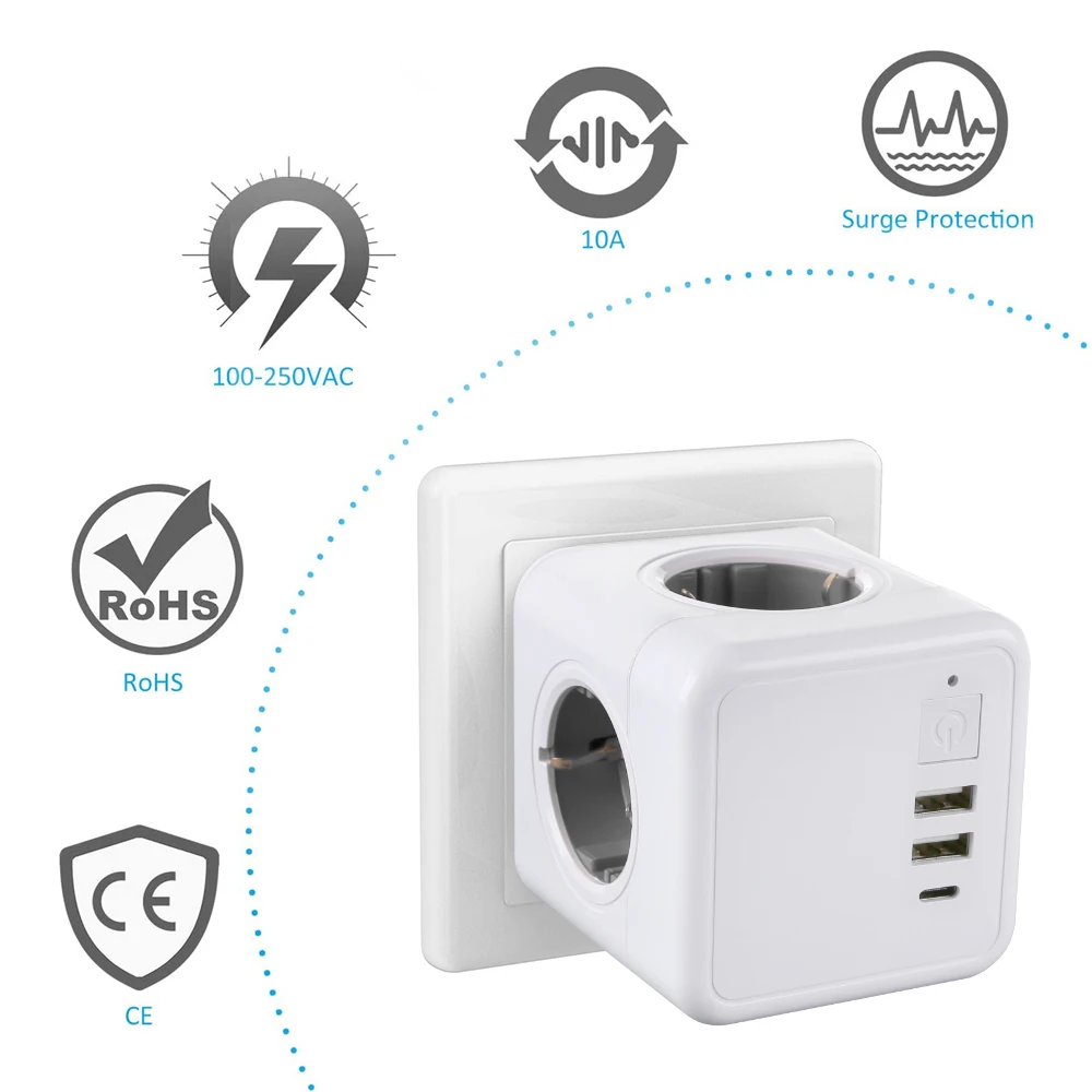 EU 16A Power Strip Wall Socket 2USB+1Type-C 5V 3.1A 4AC Outlets Multipriser For Mobile Phones Tablets Home Office