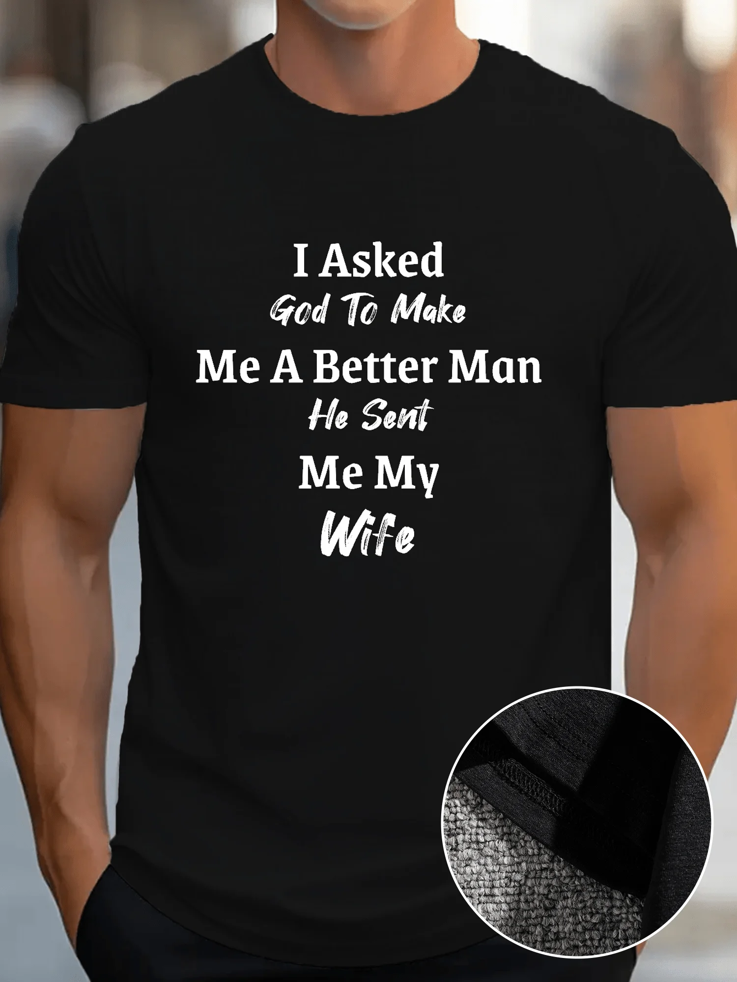 رجل كبير الحجم أرسل الله لي زوجتي تي شيرت مطبوع بأكمام قصيرة، بلوزة مريحة وغير رسمية مرنة برقبة دائرية