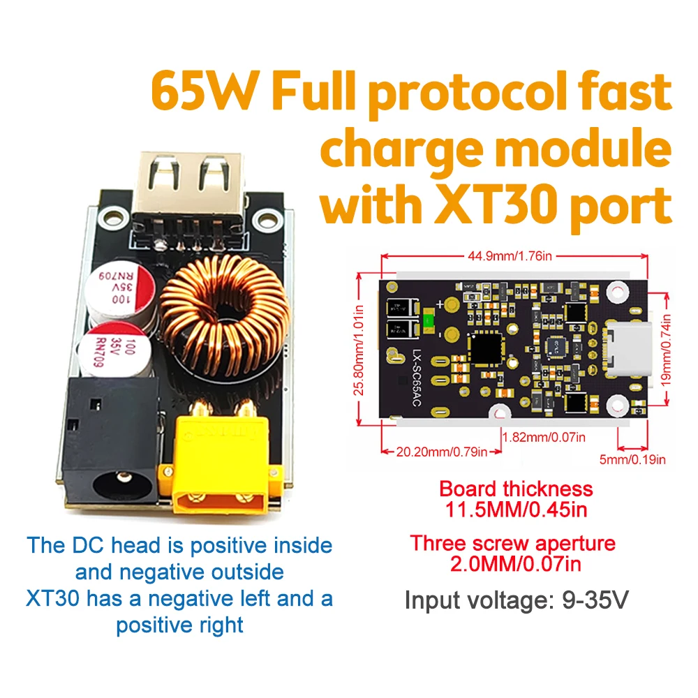 Type-C+USB 65W High-power Fast Charging Module DC 9V-35V DC5521 XT30 Input Port PD3.0/PPS/QC2.0/3.0/4.0AFC/FCP/SCP V00C1.0/2.0