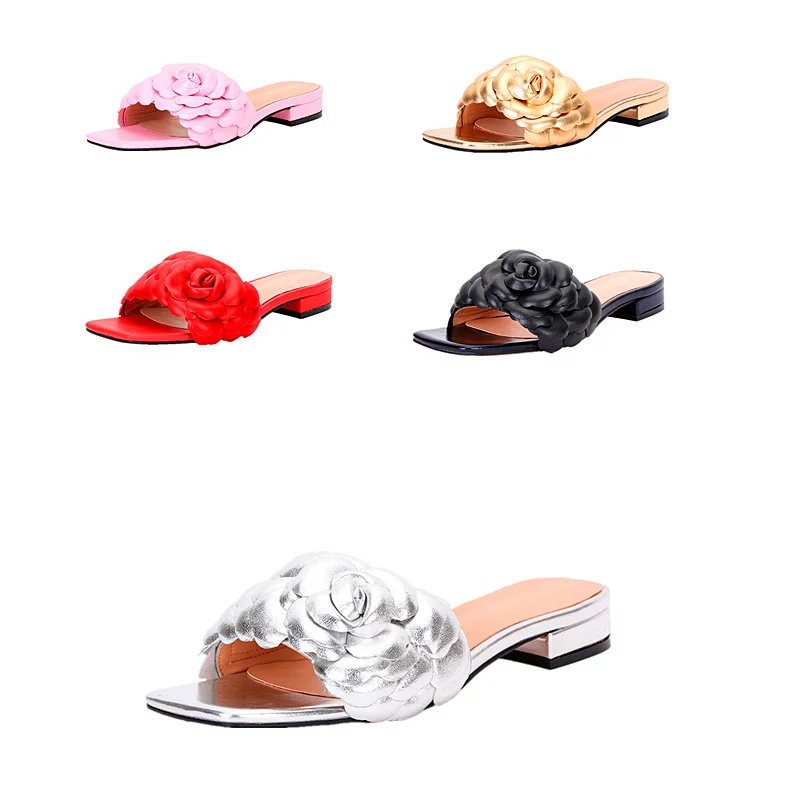 Women\'s slippers flat spring and summer flowers gold silver pink simple fashion all-match suitable for travel and leisure