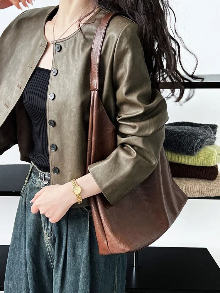 Minimalist Chic Faux Leather Buttoned Cropped Jacket Retro Crew Neck PU Short Coat Long Sleeve Women Autumn/Winter Outwear