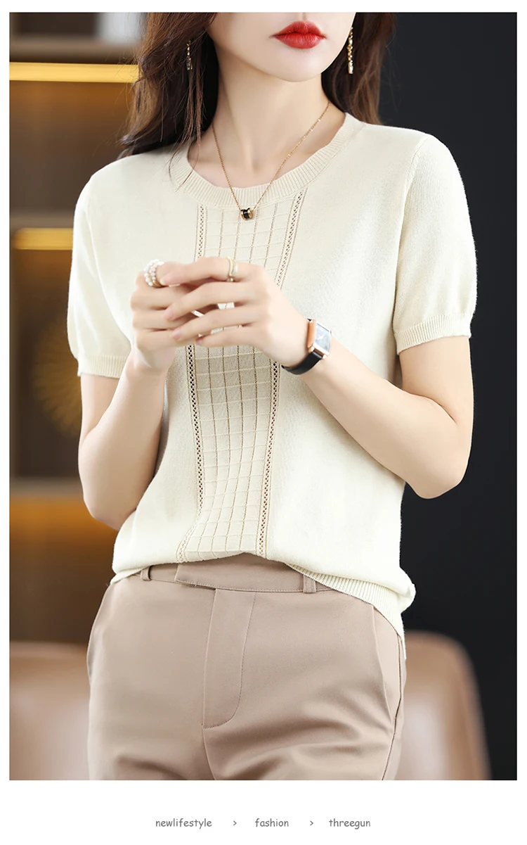 Women's T-Shirt Summer New 100% Cotton Pullover Short Sleeve Casual Solid Color Knit Crew Neck Ladies Tops Tees Blouse