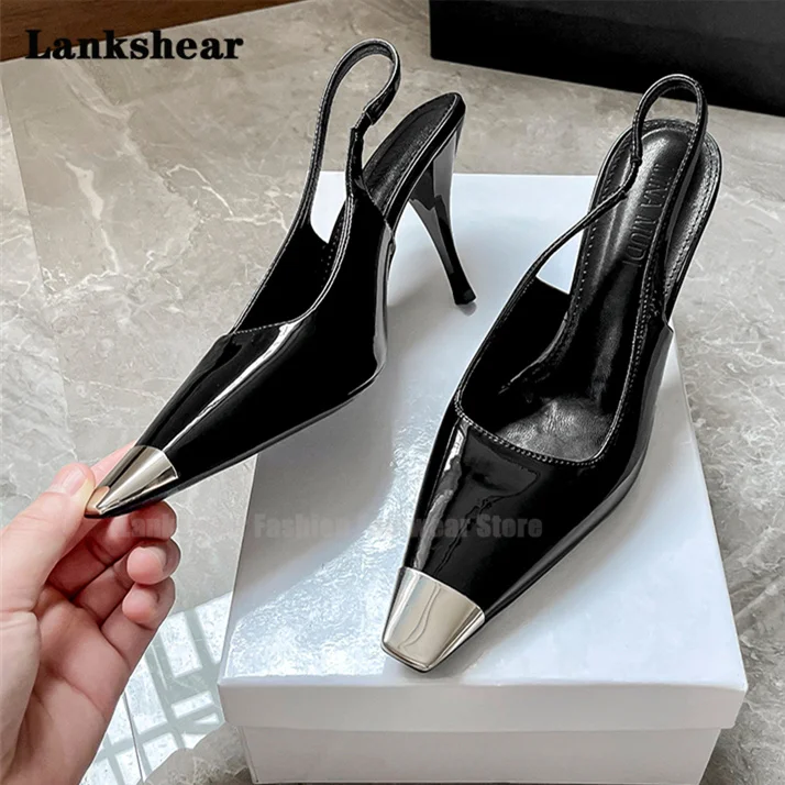 

Iron Toe High Heeled Sandals Women's Black Patent Leather Stiletto Heels Ladies White High Heels Party Pumps New In Shoes