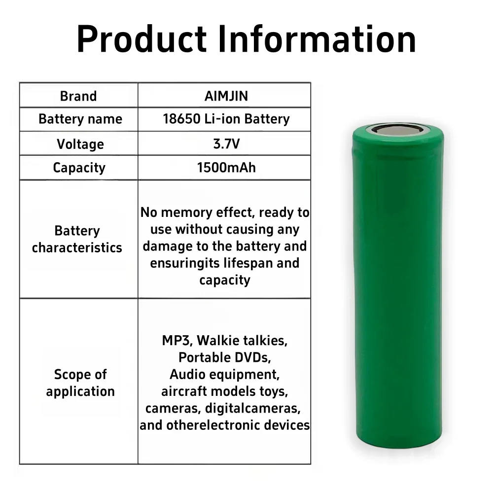 100% Original 3.7V 18650 Lithium ion Battery 3.7V 1500mAh Rechargeable BatterySuitable for Flashlight, Toy，Recorder Battery