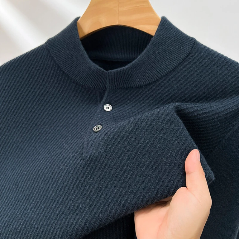 Business casual men's solid color long sleeve O-neck knit sweater, daily henley. Warm sweater for autumn and winter season.