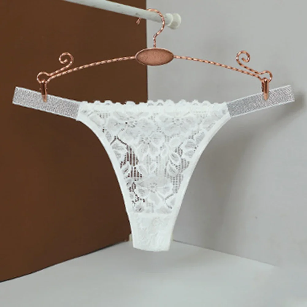 New Women Thong Briefs Sheer Floral Lace T Back Underpants Shiny Rhinestone Middle-waist Sexy Underwear Charming Lingerie