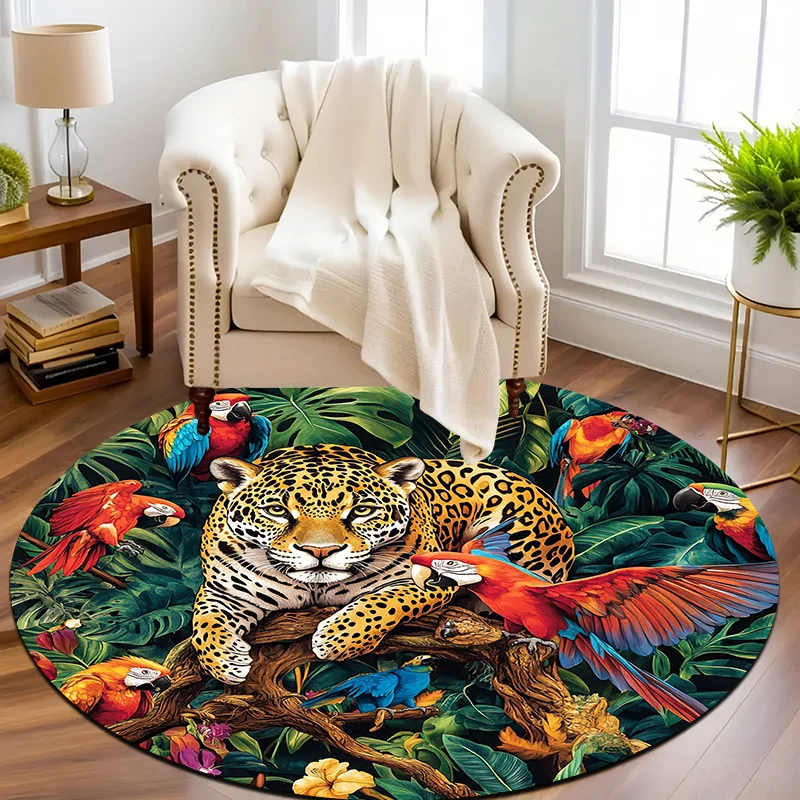 1pc for JAGUAR & Macaw Jungle Round Mat - Large Green Foliage Tropical Mat with Central for JAGUAR & Parrots, Non-Slip Backing