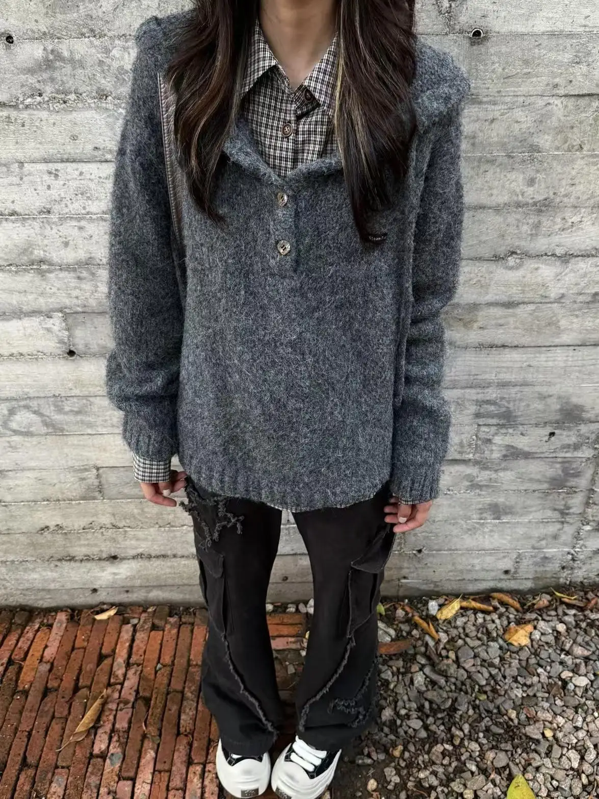 

Classic Lazy Vintage Hooded Sweater Versatile Loose Knittedwear Comfortable All-Match V-Ne Polyester Blend Winter Faion