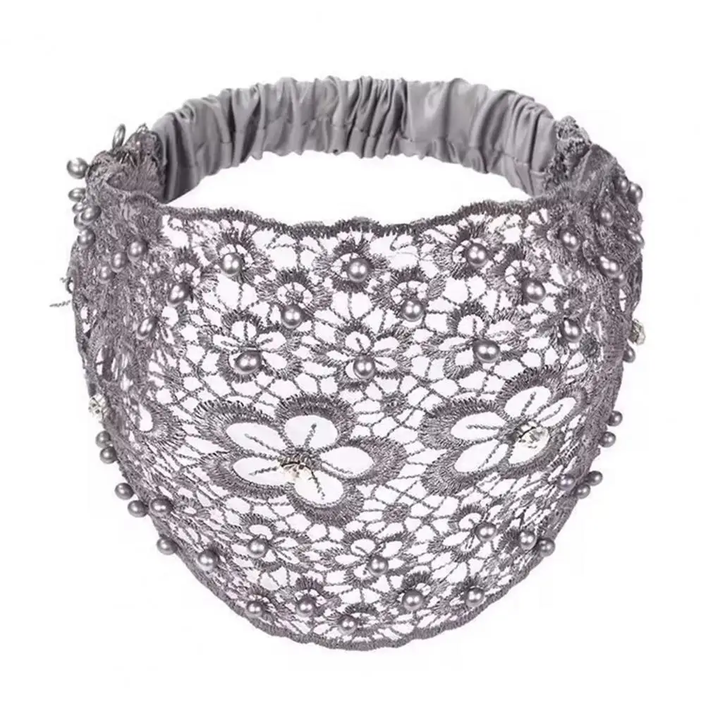 Faixa de cabeça de tecido elegante strass pérola bandana para mulheres oco flor padrão faixa de cabelo com alta elasticidade cabelo largo