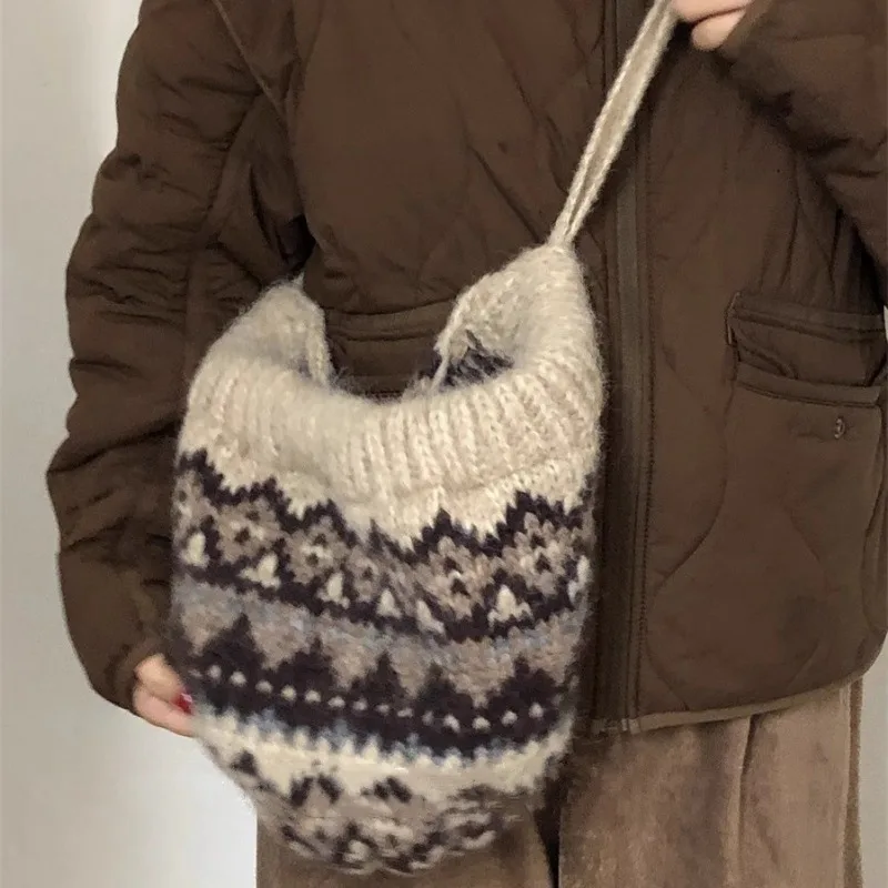 Ethnic Style Striped Spliced Knitted Hat Women Autumn Winter Caps Multifunctional Crossbody Bag Ear Protection Drawstring Hats