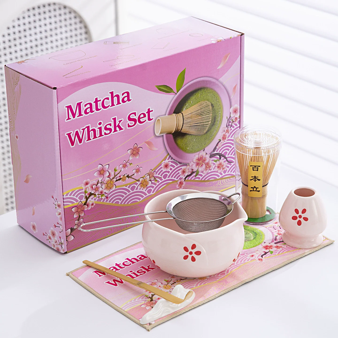 

7pcs Pink Heart Decal Ceramic Matcha Set, Cute Matcha Set Includes Matcha Bowl, Matcha Whisk and Holder, Bamboo Scoop, Sifter