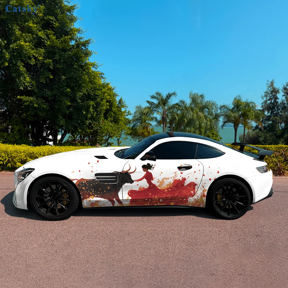 Red Dress Woman Cow Car Vinyl Wraps Decal Self-adhesive PVC Sticker Suitable for Trucks SUV Decoration Auto Accessories Gift