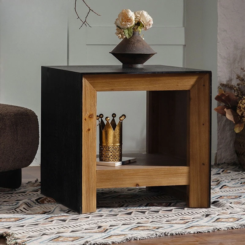 Medieval style solid wood retro balcony flower stand American style homestay bay window carved small tea table bedroom drawer