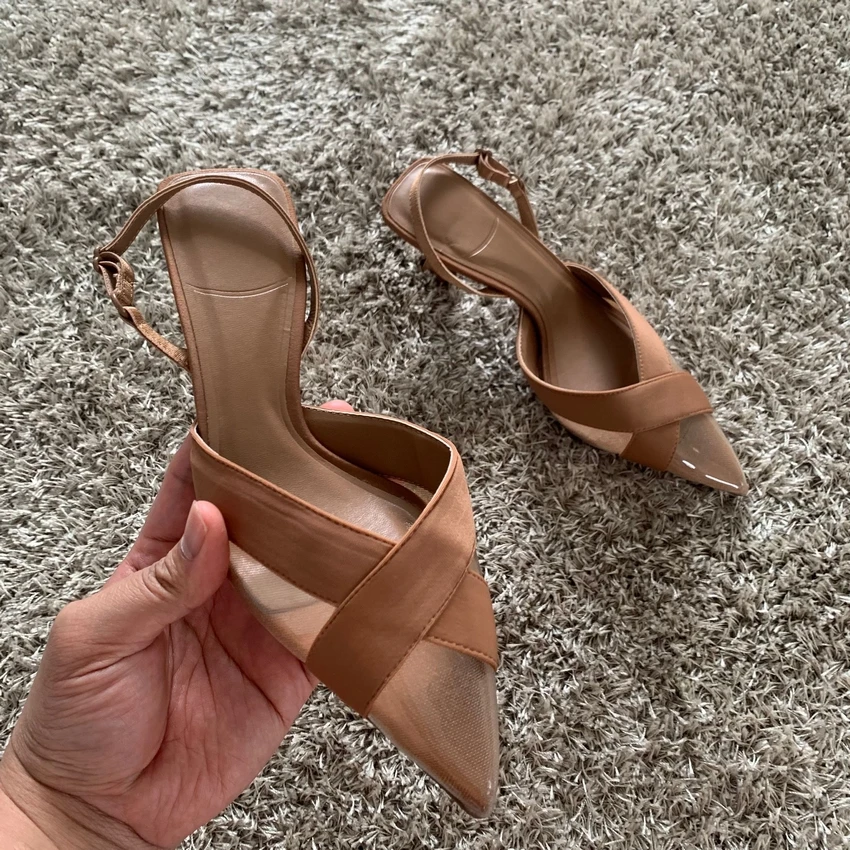 2023 Woman Brown High Heels Women Sandals Summer Fashion Pointed Toe Low-heel Pumps Slingbacks Elegant Female Heeled Shoes