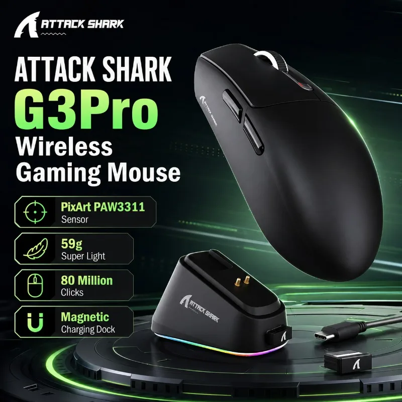 ATTACK SHARK G3 PRO Ultra Lightweight Gaming Mouse Wireless 59g Esports 3-Models PAW3311 Sensor OMRON 100 Million Click RGB Dock