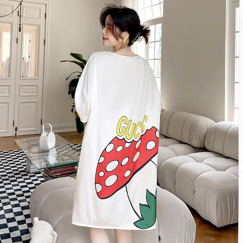 O-Neck Nightgown Women Kimono Dressing Gown Spring Summer Sleep Dress Satin Printed Nightwear Loose Loungewear Sexy Lingerie