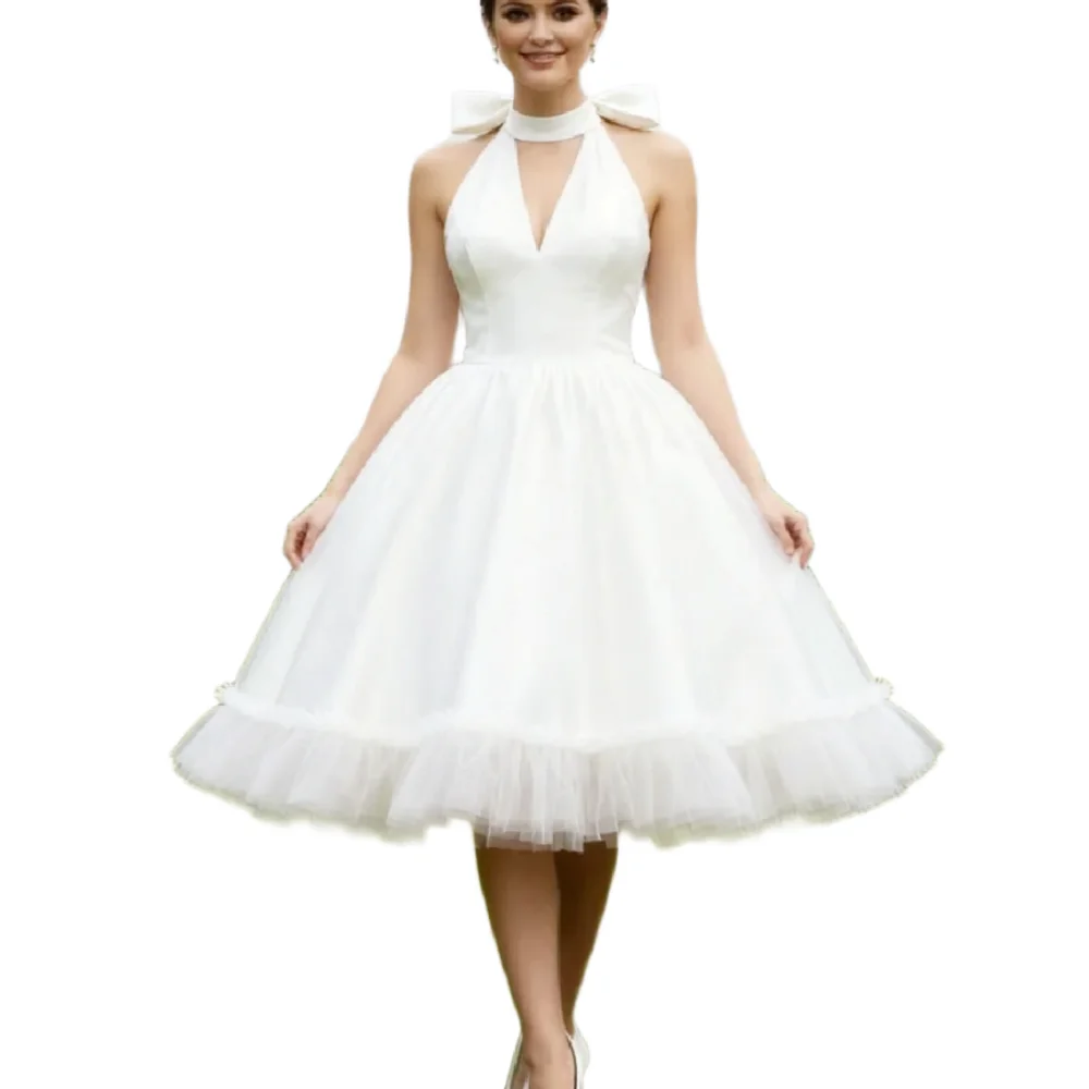 Chic Civil 1950s Short Wedding Dress Tea Length A Line Tulle Elopement Boho Bridal Dresses Hem Ruffles Bohemian Bride With Bow