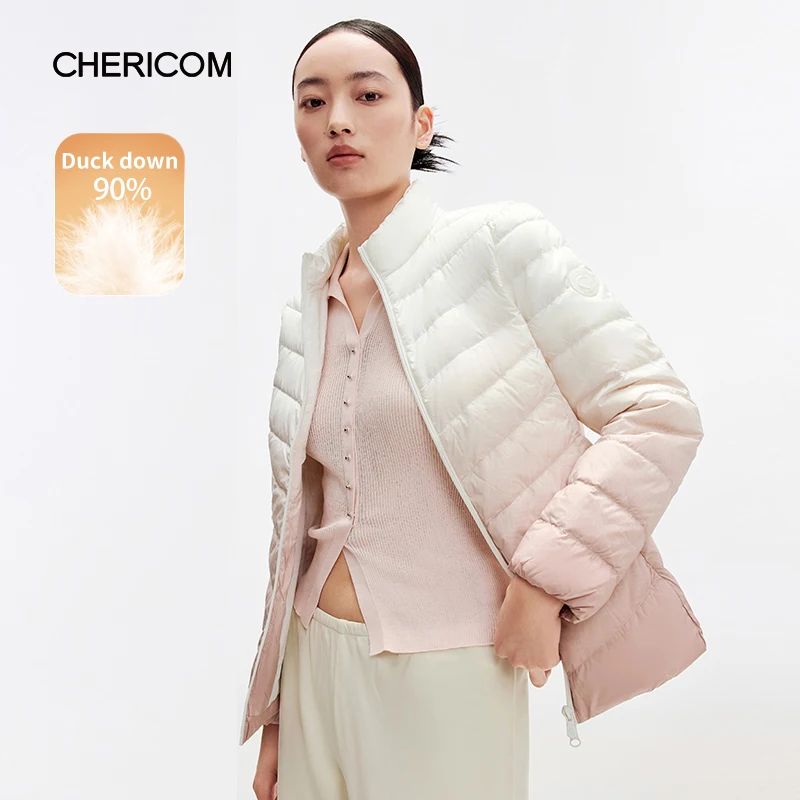 

Chericom Stand Collar Short Down Jacket with Color Gradient Hidden Zippered Pockets Slim Fit Design Lightweight Coat Y289010Y