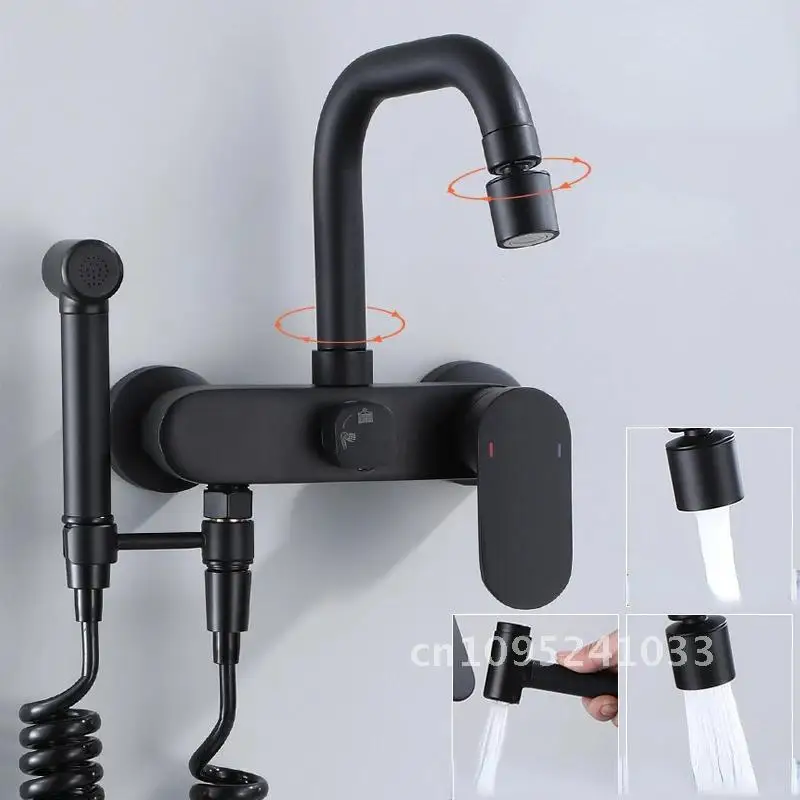 Kitchen Faucet Into Wall Type Hot Spray Gun Rotary Universal Copper With Black Cold Water And Bathroom