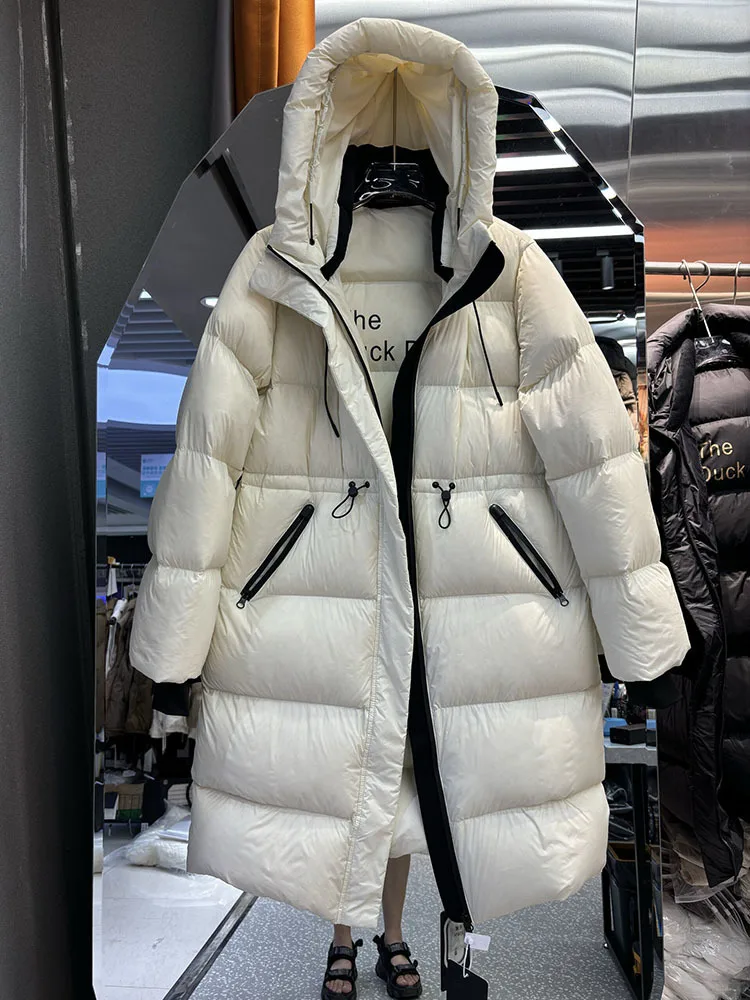 2025 New Winter Hooded Over Knee Puffer Coat Women Thickened Parka Drawstring Bright Waterproof White Duck Down Jacket