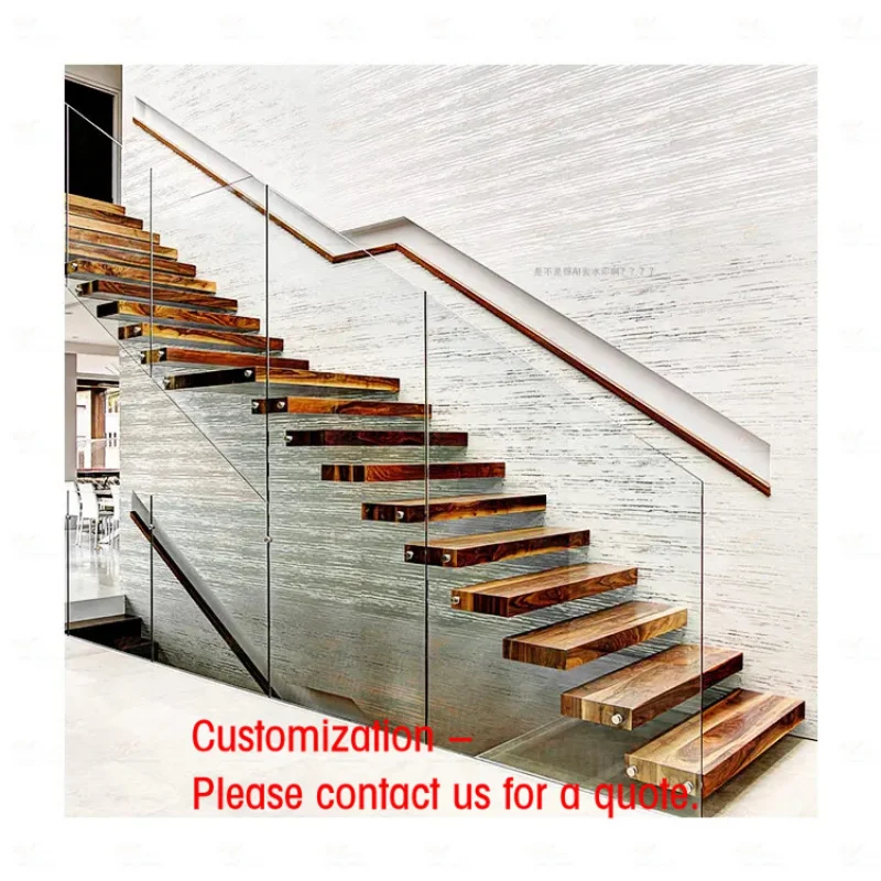 custom.LED Light Solid Wooden Floating Stairs Modern Indoor Iron Glass Railing Durable Cantilever Straight Hall Stairs