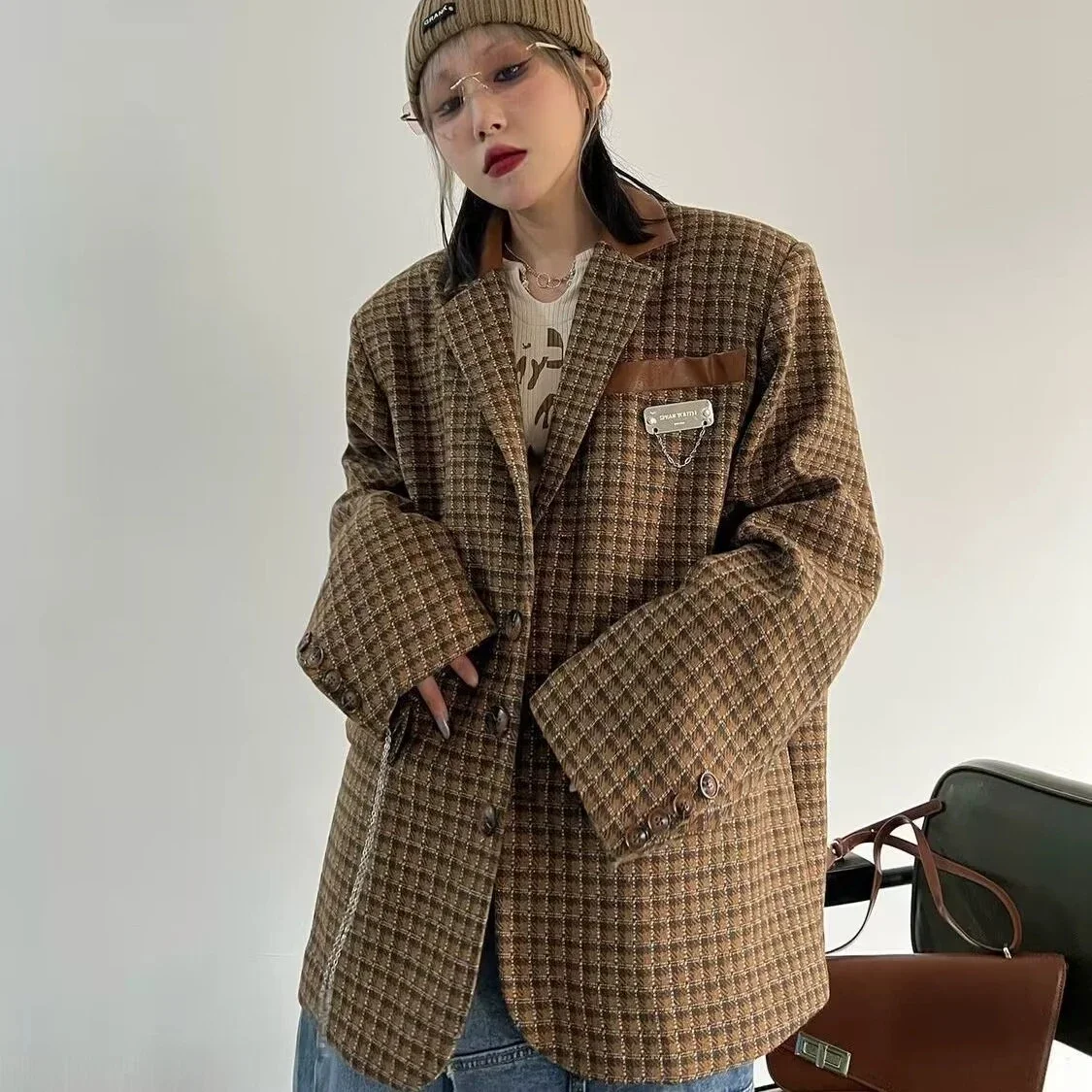 Women\'s Vintage Plaid Jacket, Korean Style, V-neck, Elegant Double Breasted Blazer, Female Streetwear, Harajuku Long Sleeve Suit