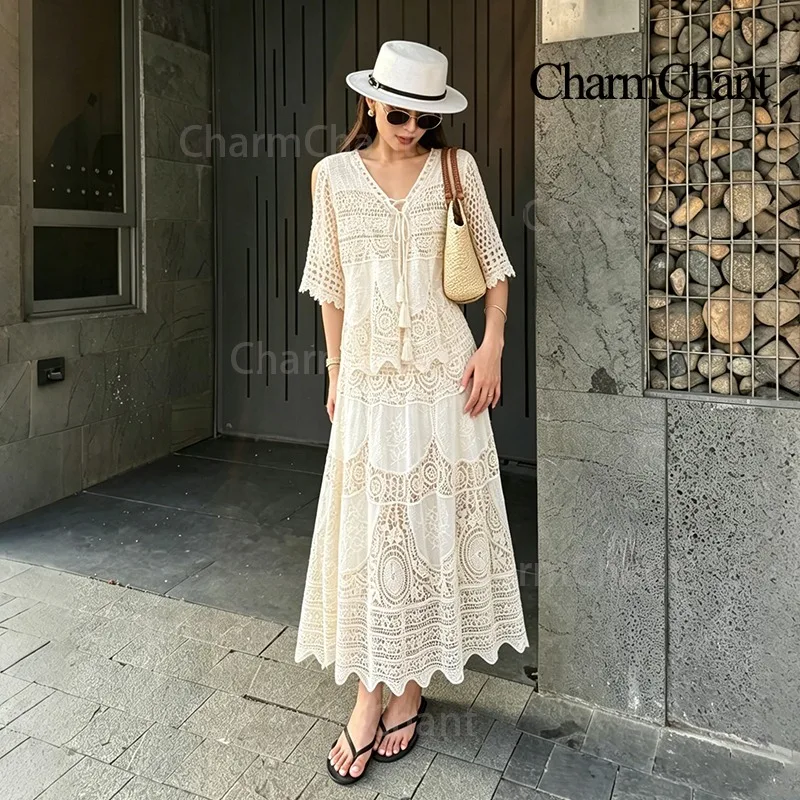 

CHARMCHANT Women's Beige Crochet 100% Cotton Two-Piece Set V-Neck Top & Maxi Skirt Boho Beach Vacation Outfit Spring Summer 2026