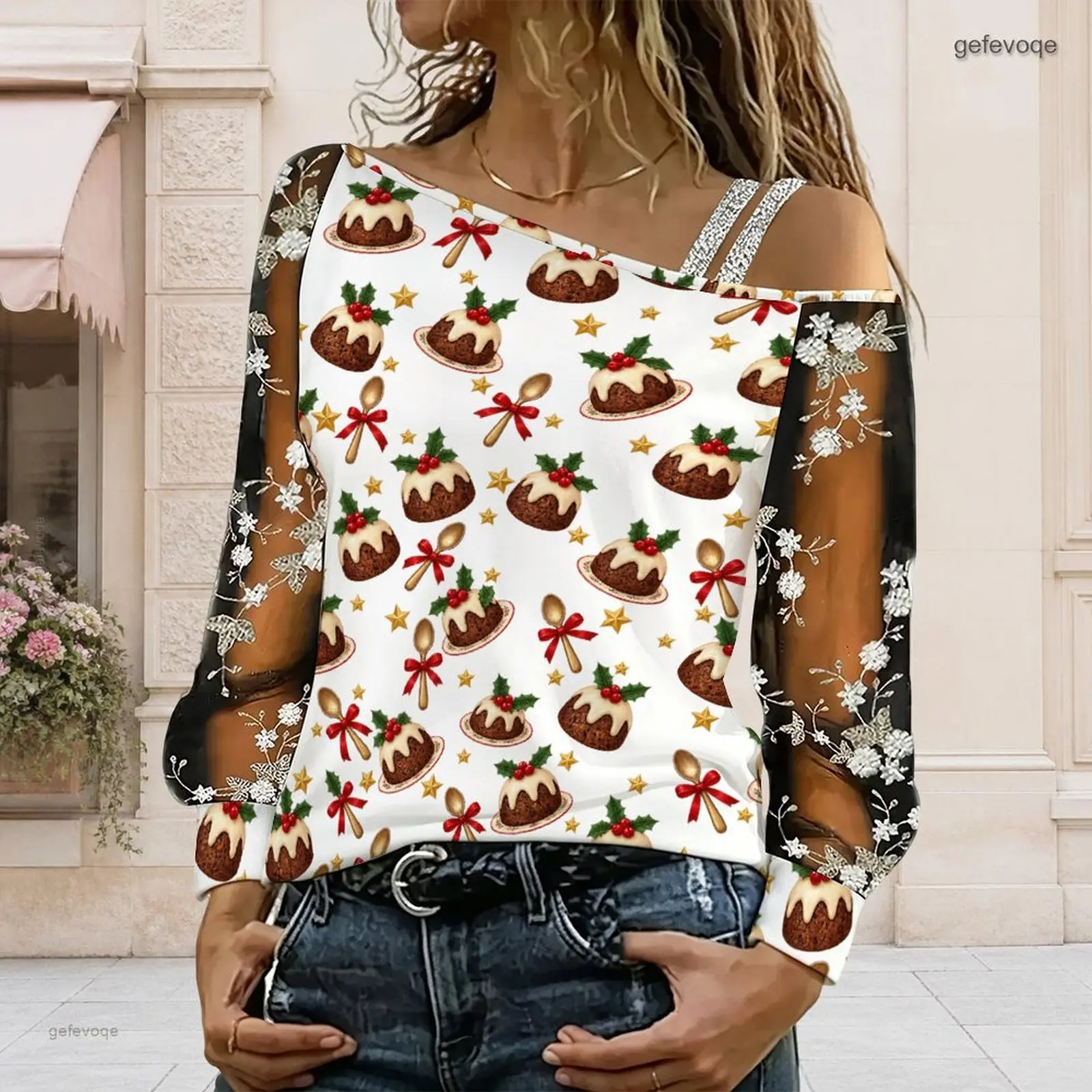 Women Asymmetric Cold Shoulder Printed Top, Hot Cocoa Gingerbread Holly Pattern Long Sleeve Sheer Mesh Blouse