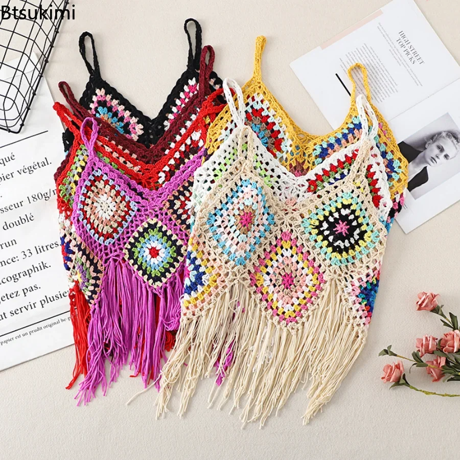 2024 Women\'s Tassel Vest Suspenders Summer Ethnic Style Retro Embroidery Camisole V-neck Travel All-match Knitted Hollow Tops