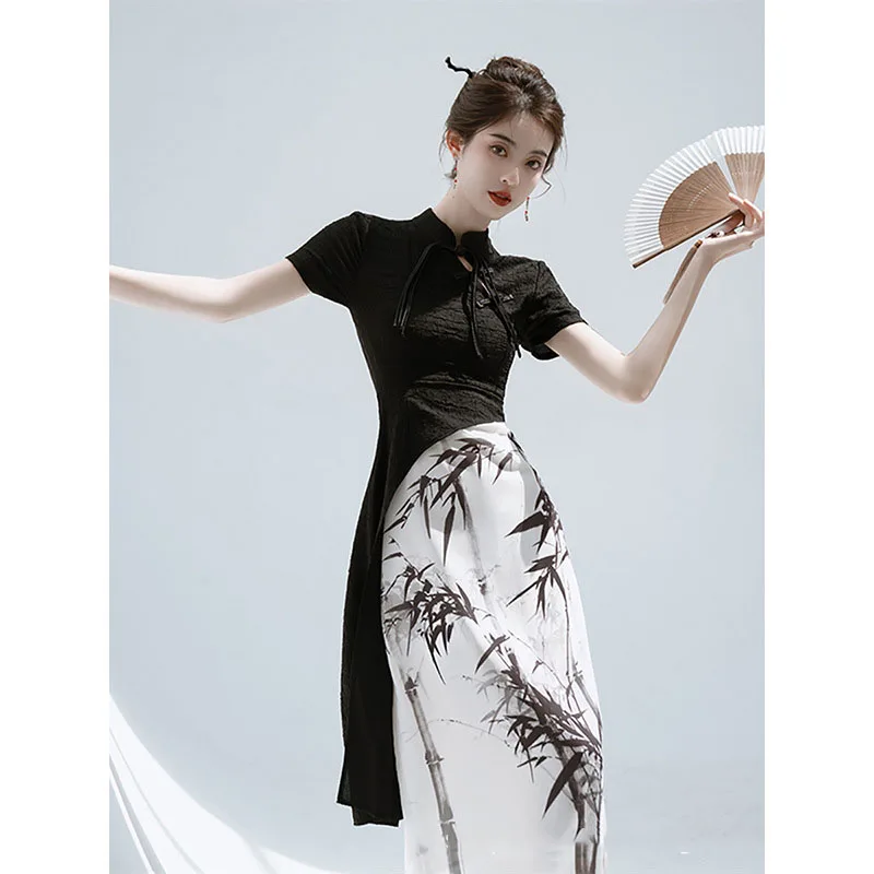 Black New Chinese Style Cheongsam Women Short Sleeve Long Dress Wedding Costumes Ink Printing Gentleness Dresses S To XXL