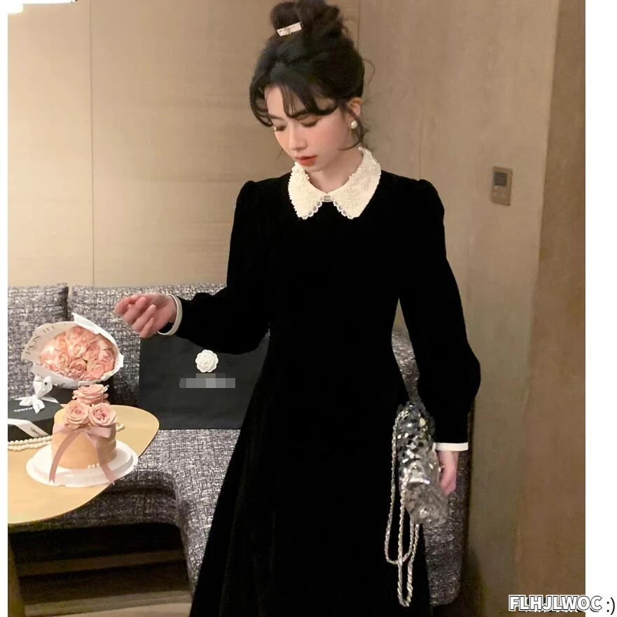 Black Velvet Dresses New Design French Style Women Fashion Long Sleeve Elegant Ruffles Lace Beaded Pearl Dress Feminine Vestidos