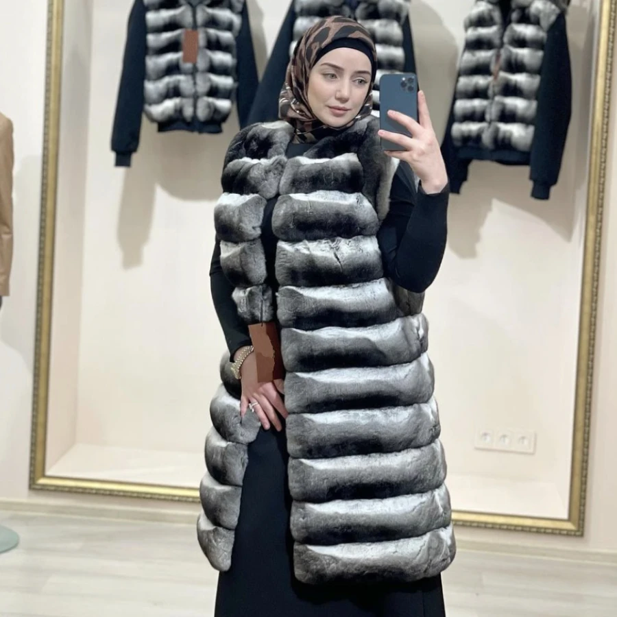 Women\'s Winter Fur Sleeveless Real Long Rex Rabbit Fur Gilets For Women Rex Chinchilla Fur Long Vest Woman Women\'s Fur Vest