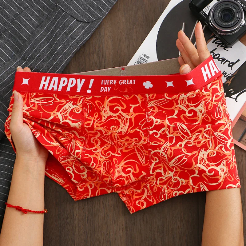 2024 new natal year, New Year\'s trend printed men\'s underwear pure cotton bright red seamless comfortable men\'s boxers