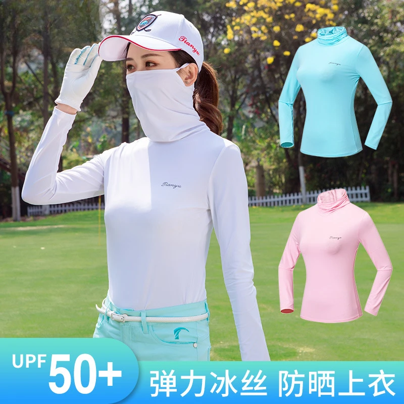 Women's Ice Silk Base Shirt, Golf Clothing, Sun Protection Clothes, High Neck Pullover, Face Mask, Long Sleeves