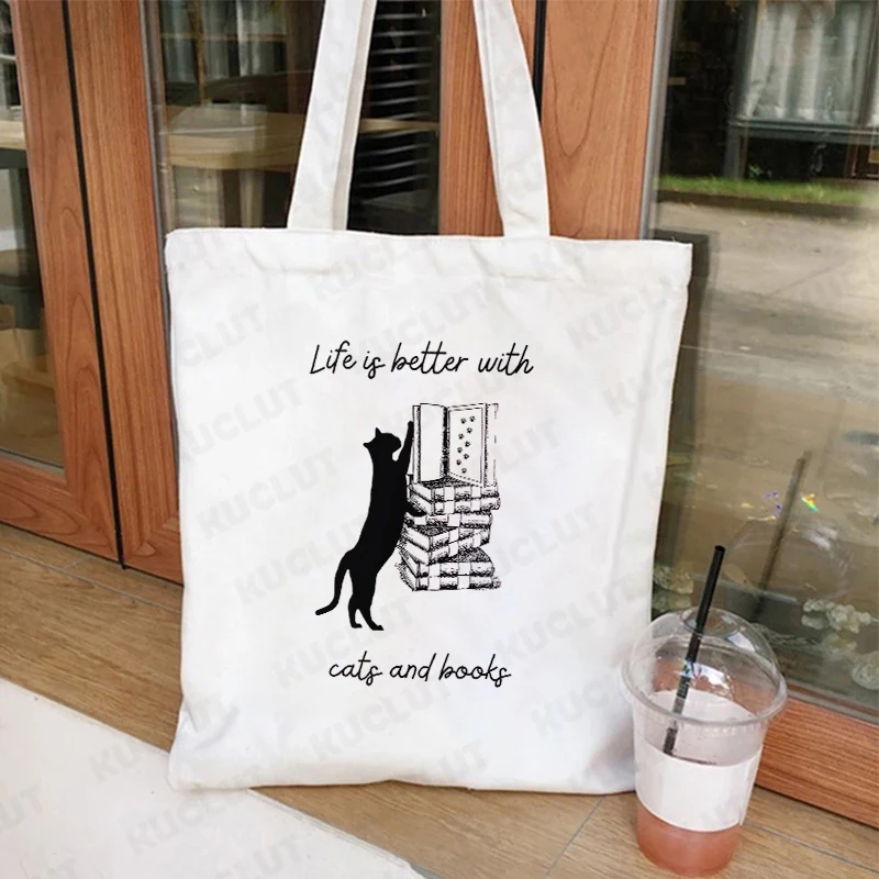 猫と本の恋人プリント ショッピングバッグ トート ハンドバッグ