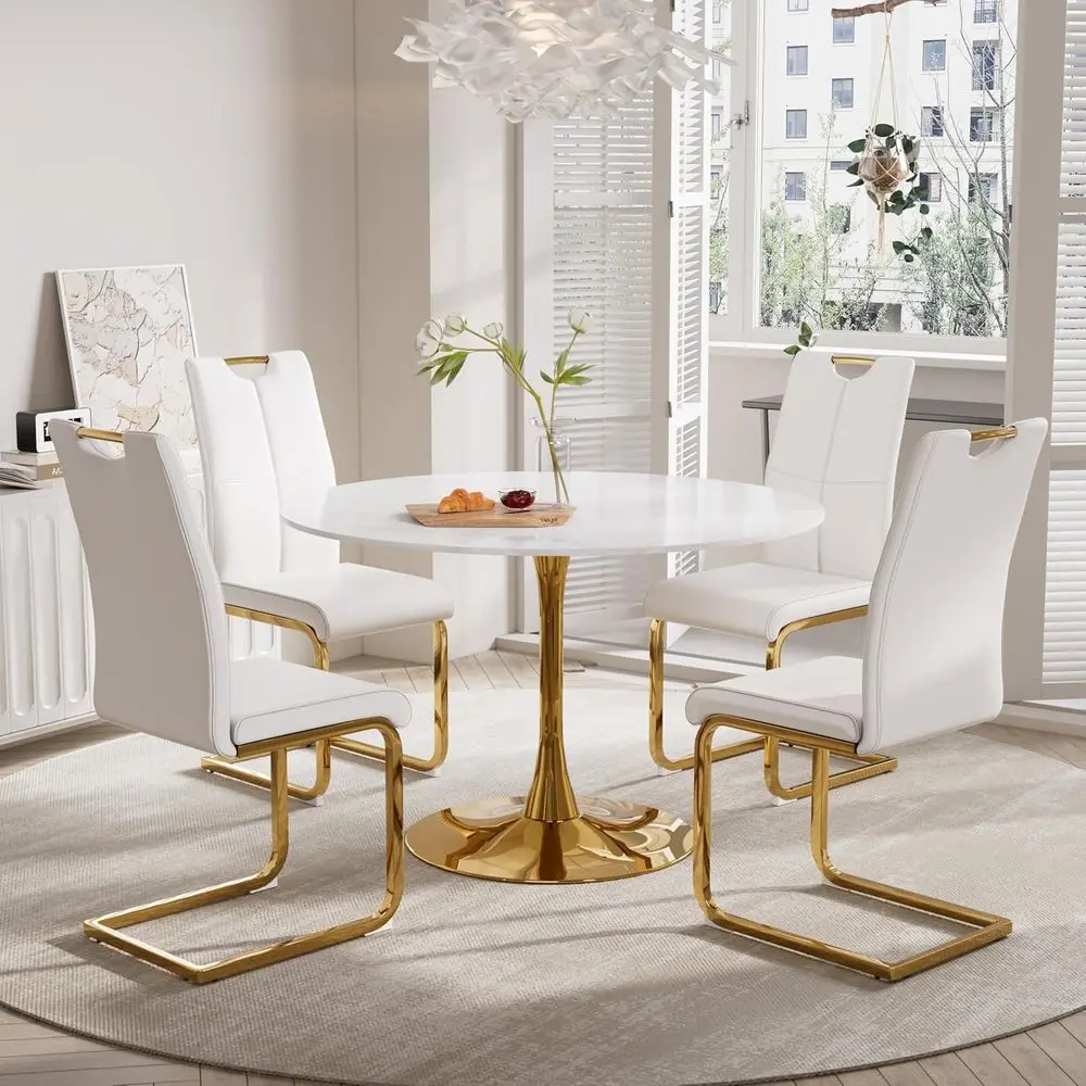 42" Round Tulip Dining Table for 4,Thick White Marble MDF Top & Gold Metal Base, Mid-Century Modern Kitchen Table for Dining Roo