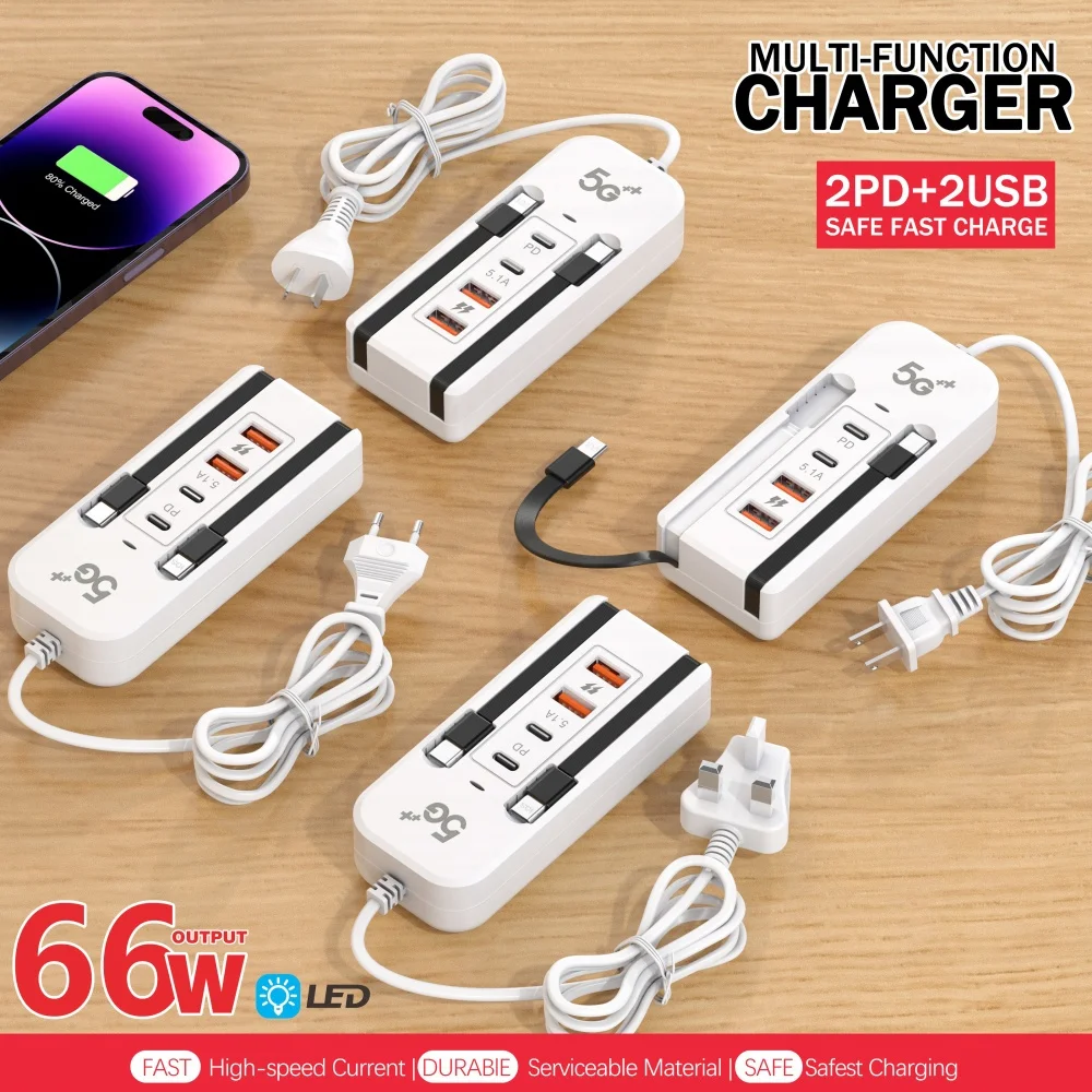 4 USB Charger 66W PD Type C Fast Charging Power Socket USB Hub Adapter Type C Cable For iPhone Samsung Xiaomi Quick Wall Charger