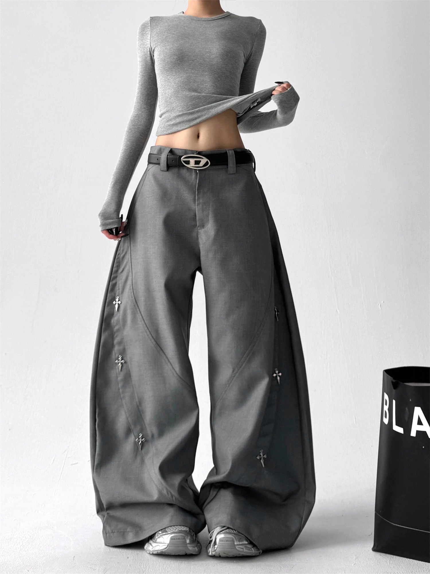 

Women's Black & Gray Oversized Wide Leg Pants Metallic Cross Studs Baggy Silhouette Y2K Gothic Streetwear Ladies Trousers