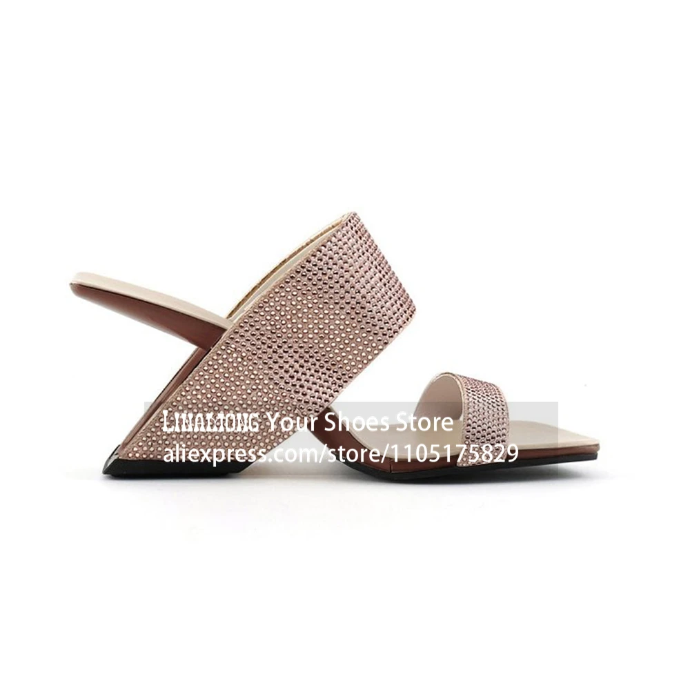 Rhinestone Covered Sculptural Heel Slippers Bling Bling Rhinestone Wide Strap Novelty Heel Summer Slippers Asymmetric Wedge Mule