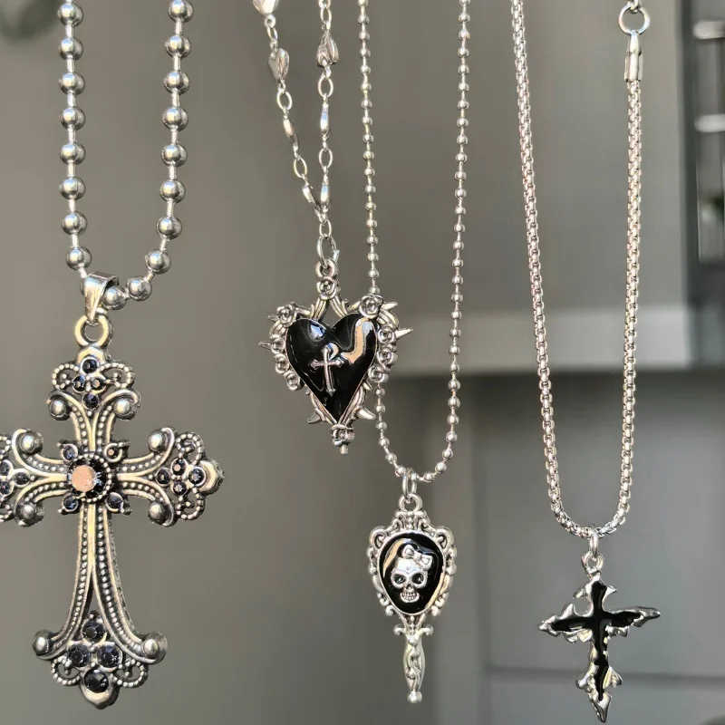 4Pcs Gothic necklace set, skull mirror thorn jewelry, black rhinestone cross pendant necklace, dark aesthetic jewelry