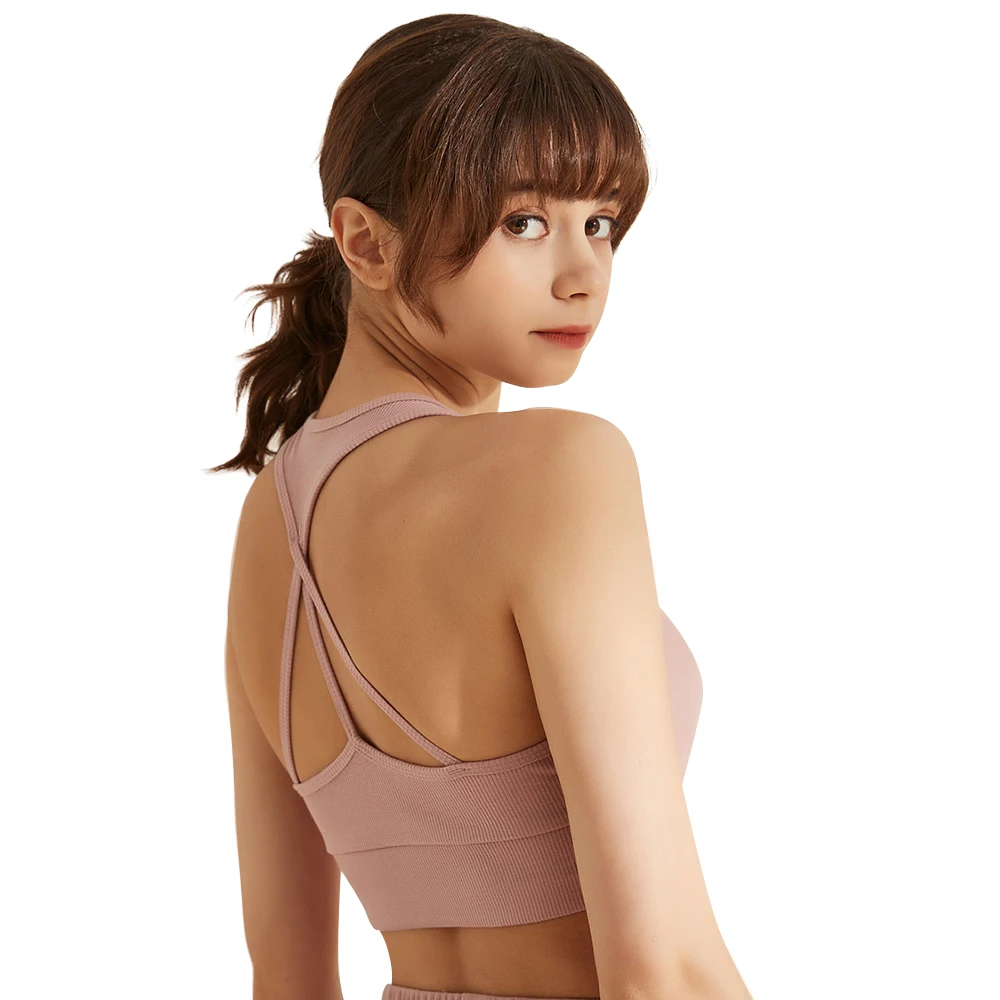 Sexy Sports Bra Top for Fitness Women Gym Running Athletic Workout U-Neck Backless Cotton Rib Solid Padded Yoga Underwear