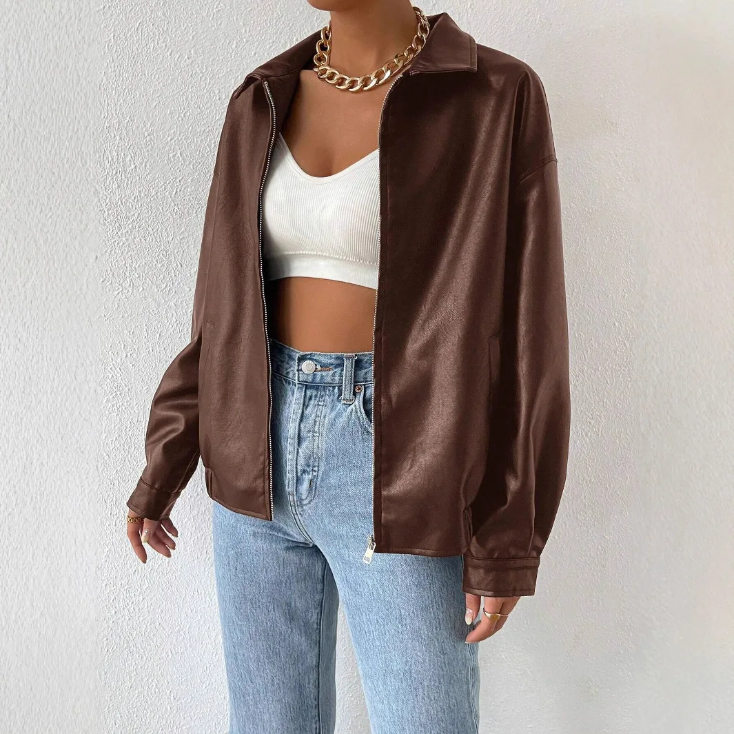 Solid Long Sleeve PU Leather Moto Jacket Women's Lapel Casual Outerwear 3