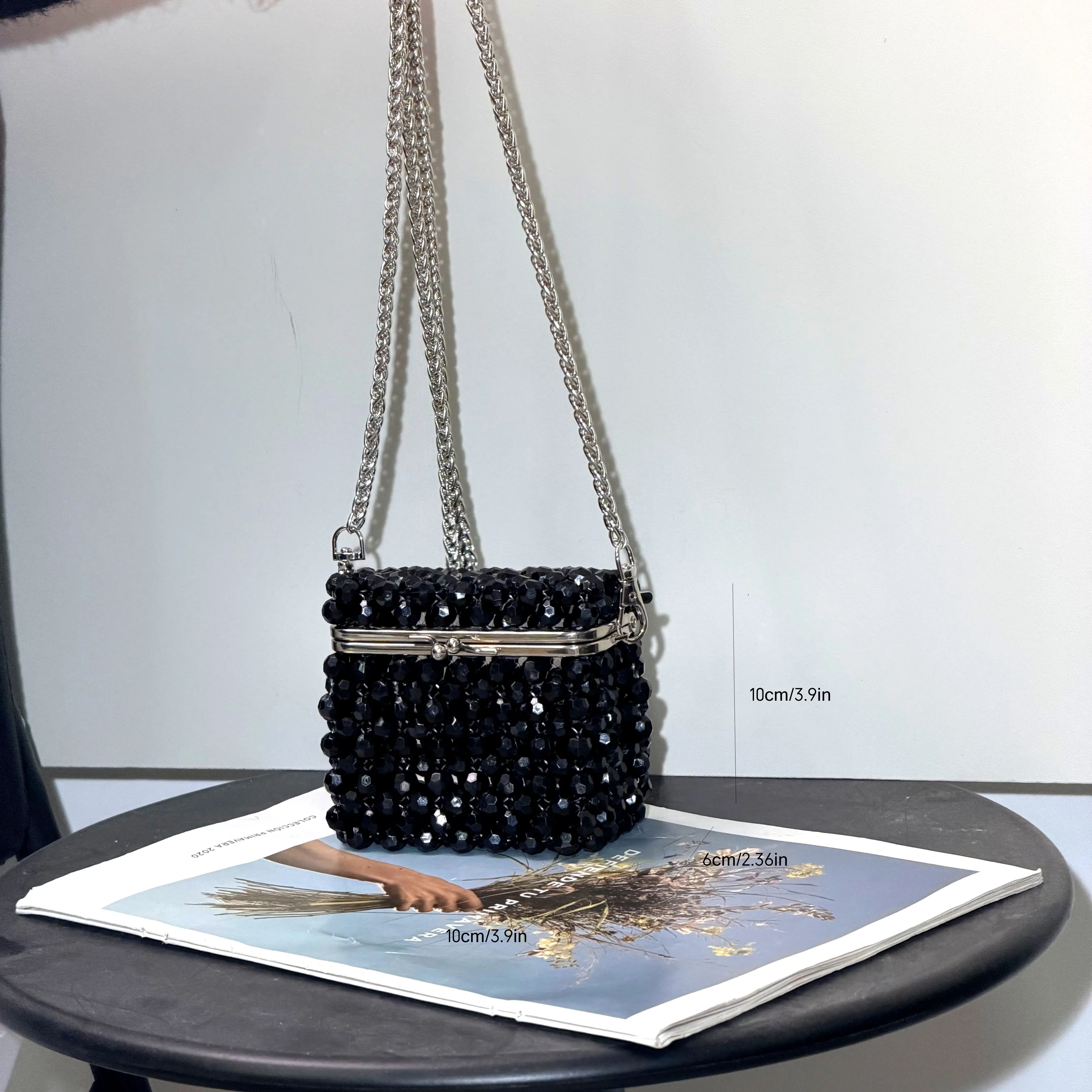 Vintage Black Beaded Clutch Bag with Chain Elegant Evening Party Crossbody Luxury Brand Purse for Women Designer Bags view 6